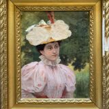 HST painting "Elegant hat surrounded by trees" XIX° century