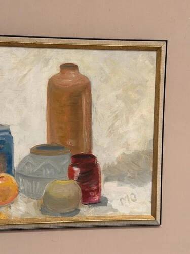 Mid-Century Oil on panel – "Still Life" by M.O. Vintage & Framed 44 × 26 cm