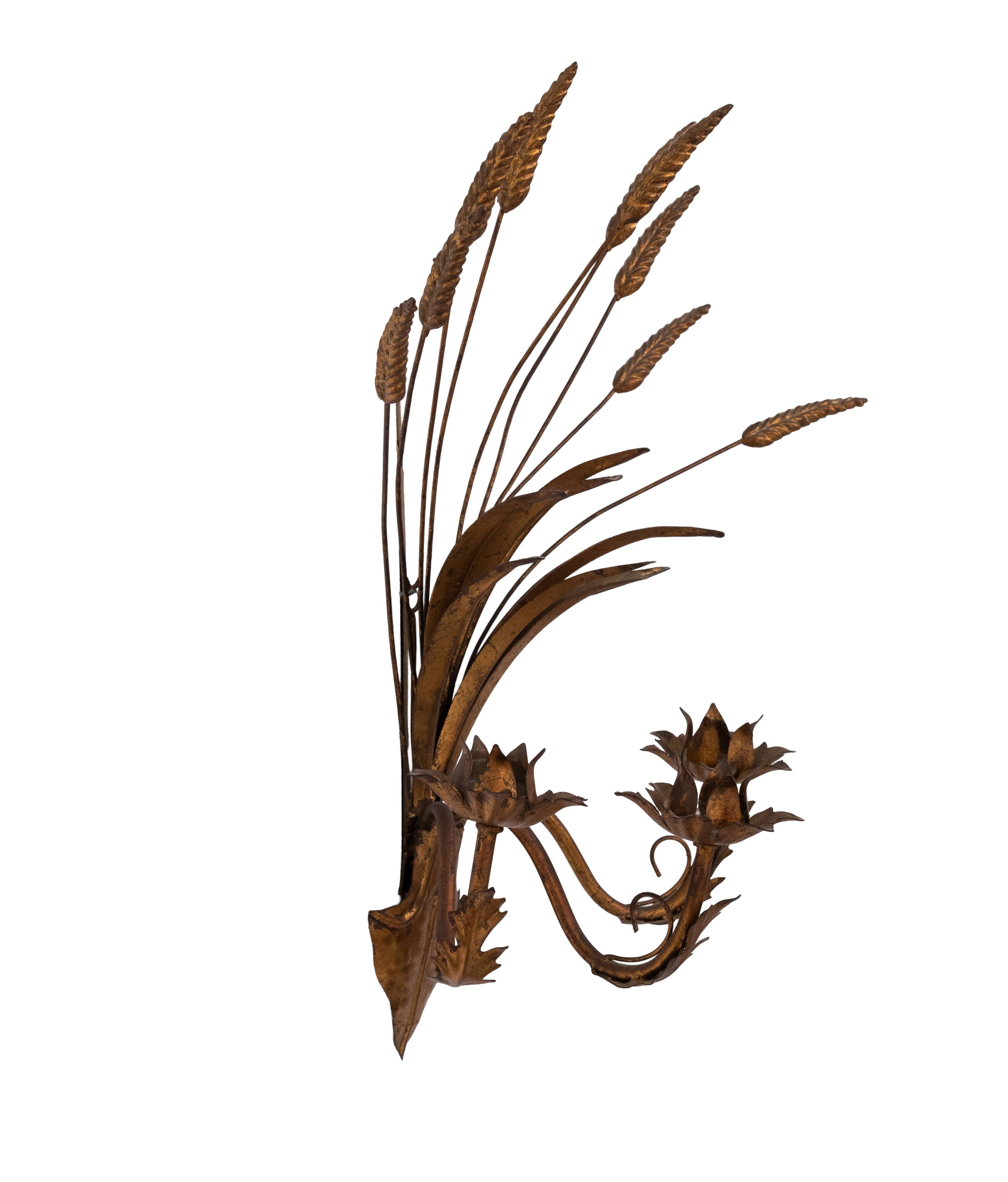 Stunning Italian Gilt Metal Wheat Sheaf candle Wall Sconce 1950s