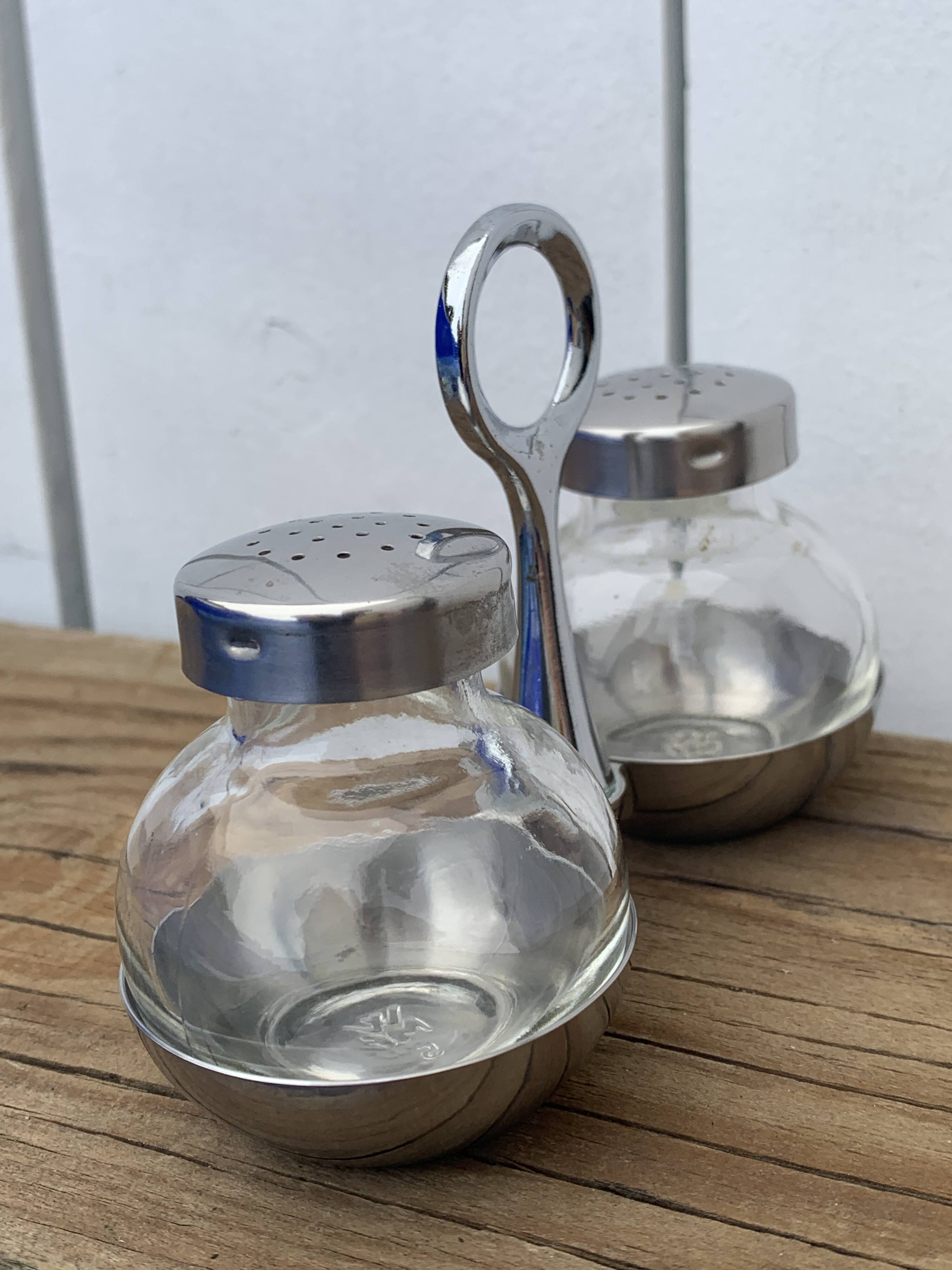 German salt and pepper shaker WMF in metal and glass, 1970