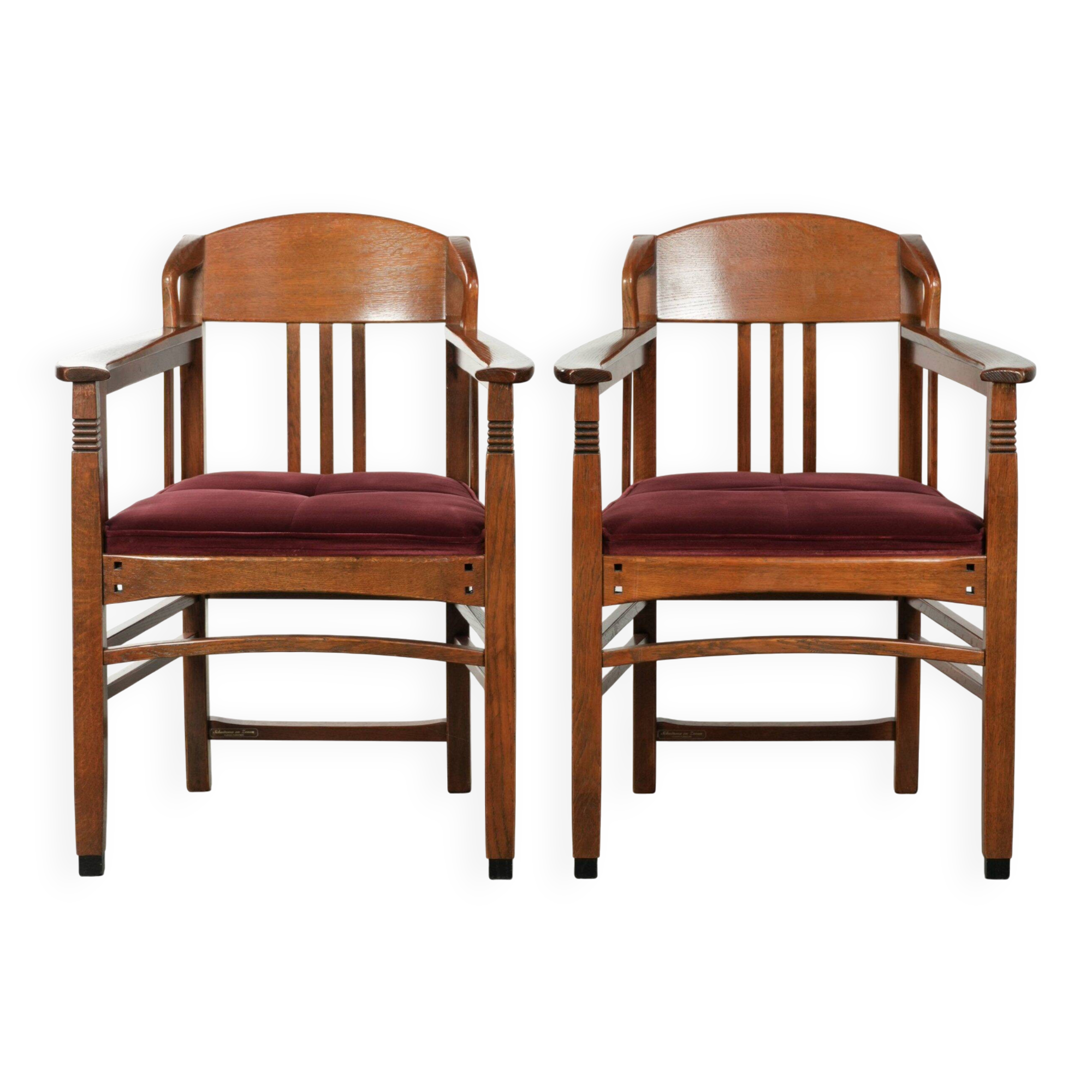 Set of two Art Nouveau design dining chairs with  red fabric upholstery