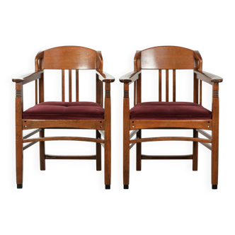 Set of two Art Nouveau design dining chairs with  red fabric upholstery