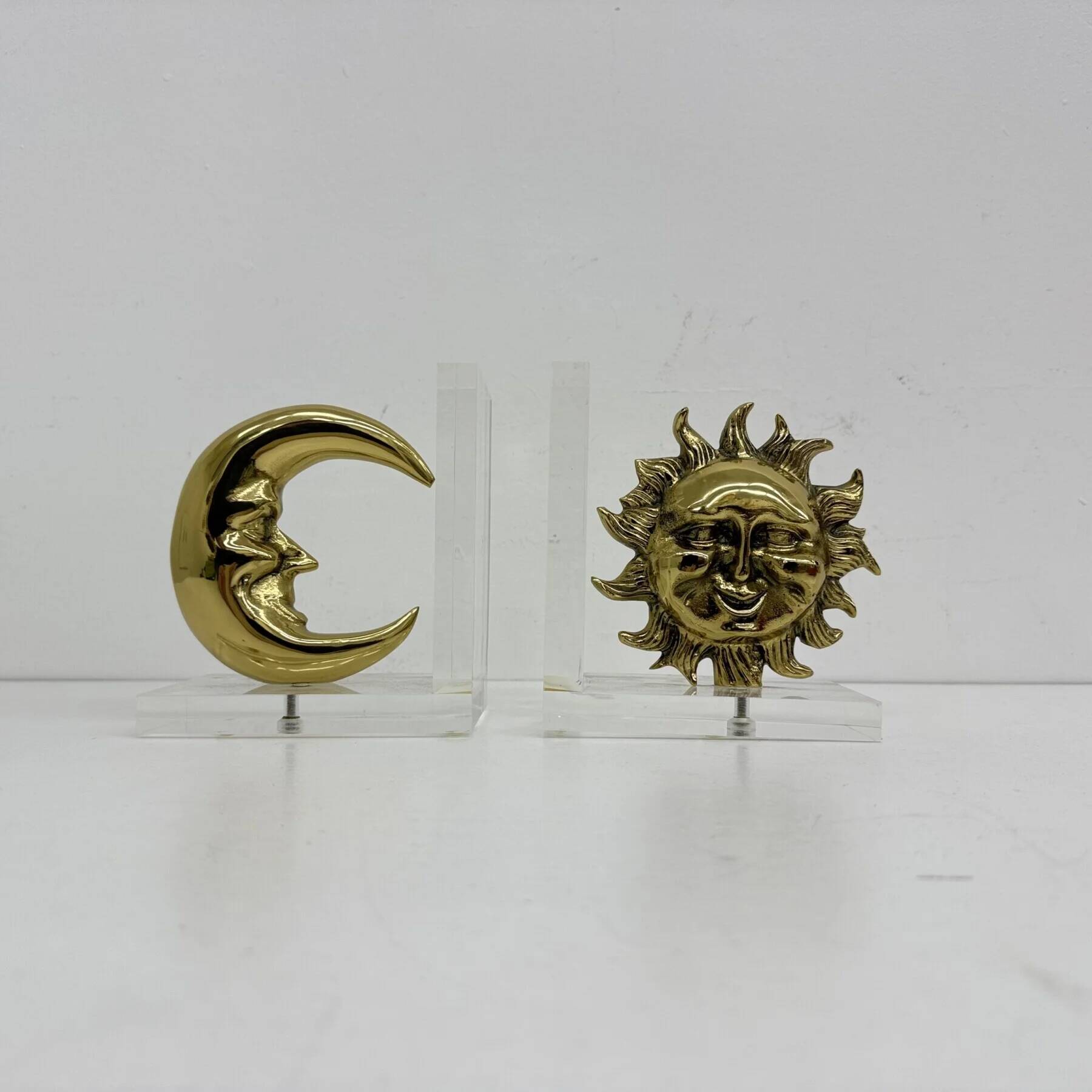 Vintage bookends sun and moon lucite and brass, 1970s