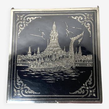 Indochina, old silver cigarette box with temple decor early 20th century