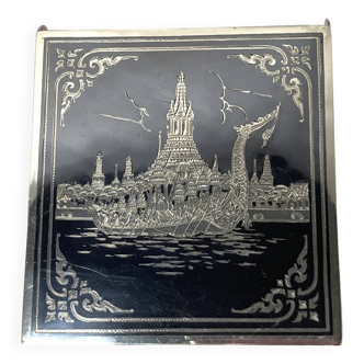 Indochina, old silver cigarette box with temple decor early 20th century