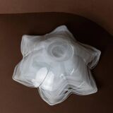 Vintage Murano glass bowl, flower-shaped centerpiece with transparent glass and white streaks, Italian 1980s