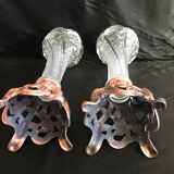 Pair of cone vases in pressed and molded glass, Zamac with 2 patinas