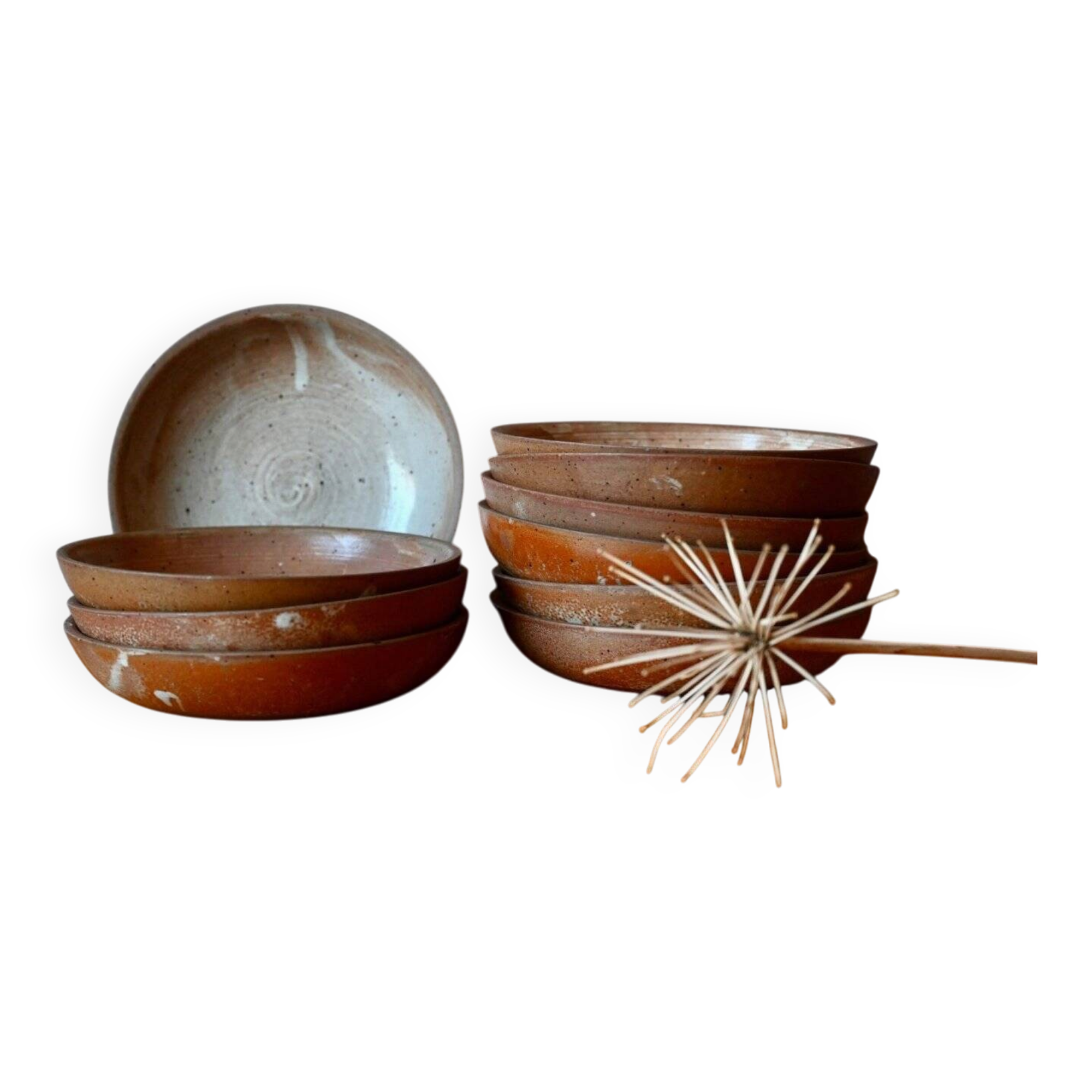 Set of 10 turned stoneware plates, pyritised and glazed, wabi-sabi brutalist.