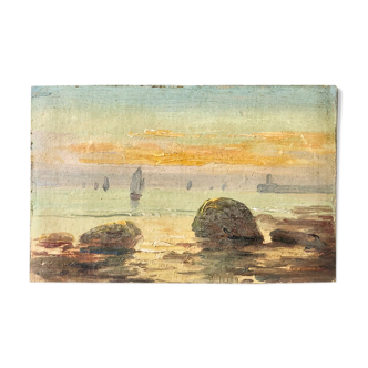 Huile sur carton ancienne représentant des voiliers au coucher du soleil
