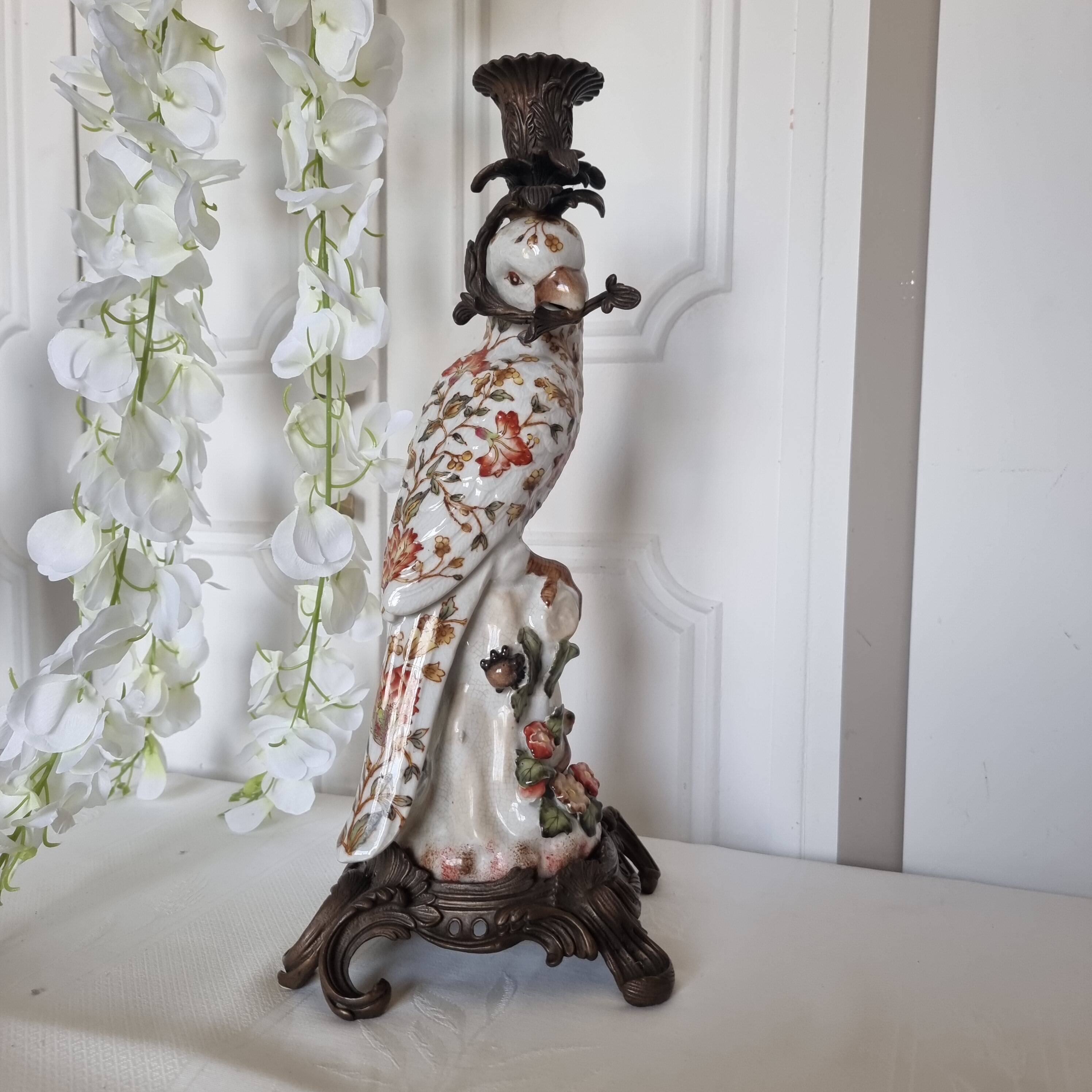 Parrot Candle Holder, Enameled Porcelain and Bronze, Late 19th Century