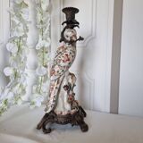 Parrot Candle Holder, Enameled Porcelain and Bronze, Late 19th Century