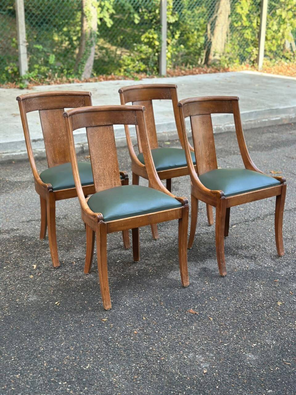 4 gondola chairs, Charles X restoration, solid wood and green leather, 19th century.