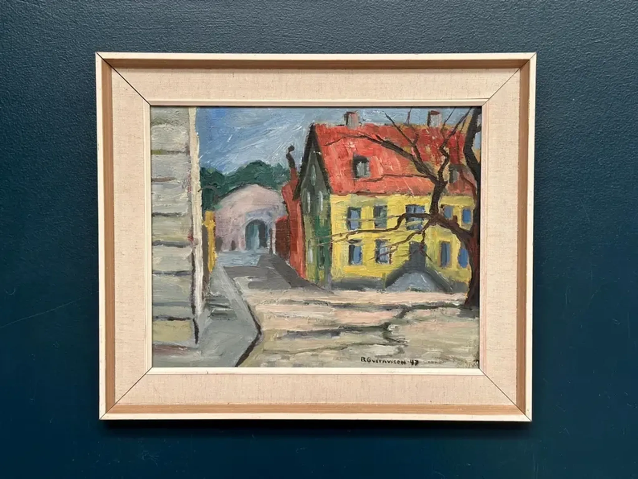Original Swedish Oil on Panel – “Urban Landscape” by B. Gustavson – Signed – Dated 1947 – Vintage & Framed