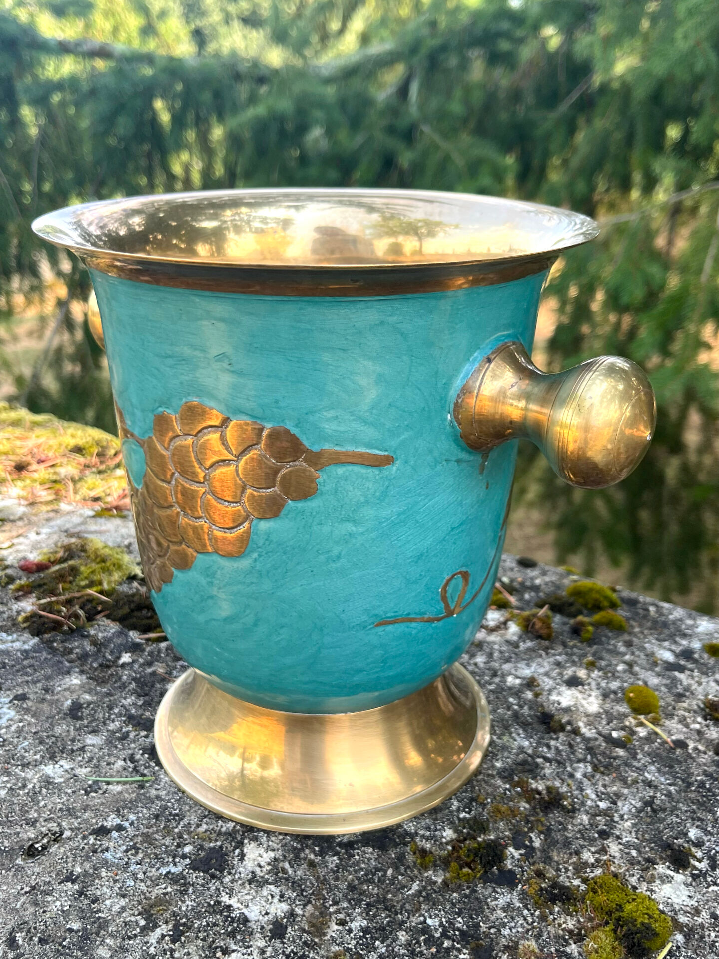Vintage cloisonne brass champagne bucket with turquoise grape design