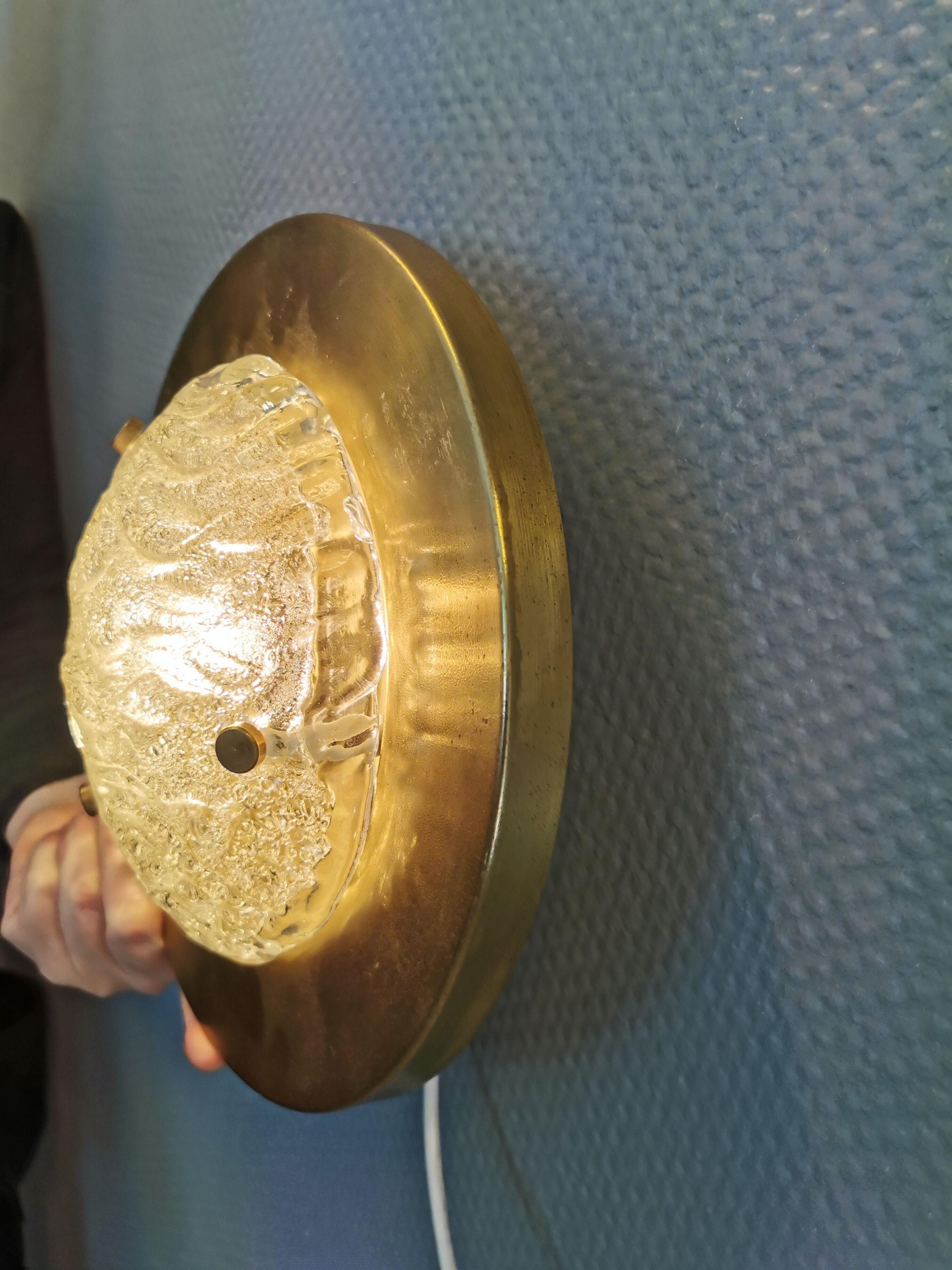 Wall/ceiling lamp, made in brass and white lacquered metal with frosted solid glass shade