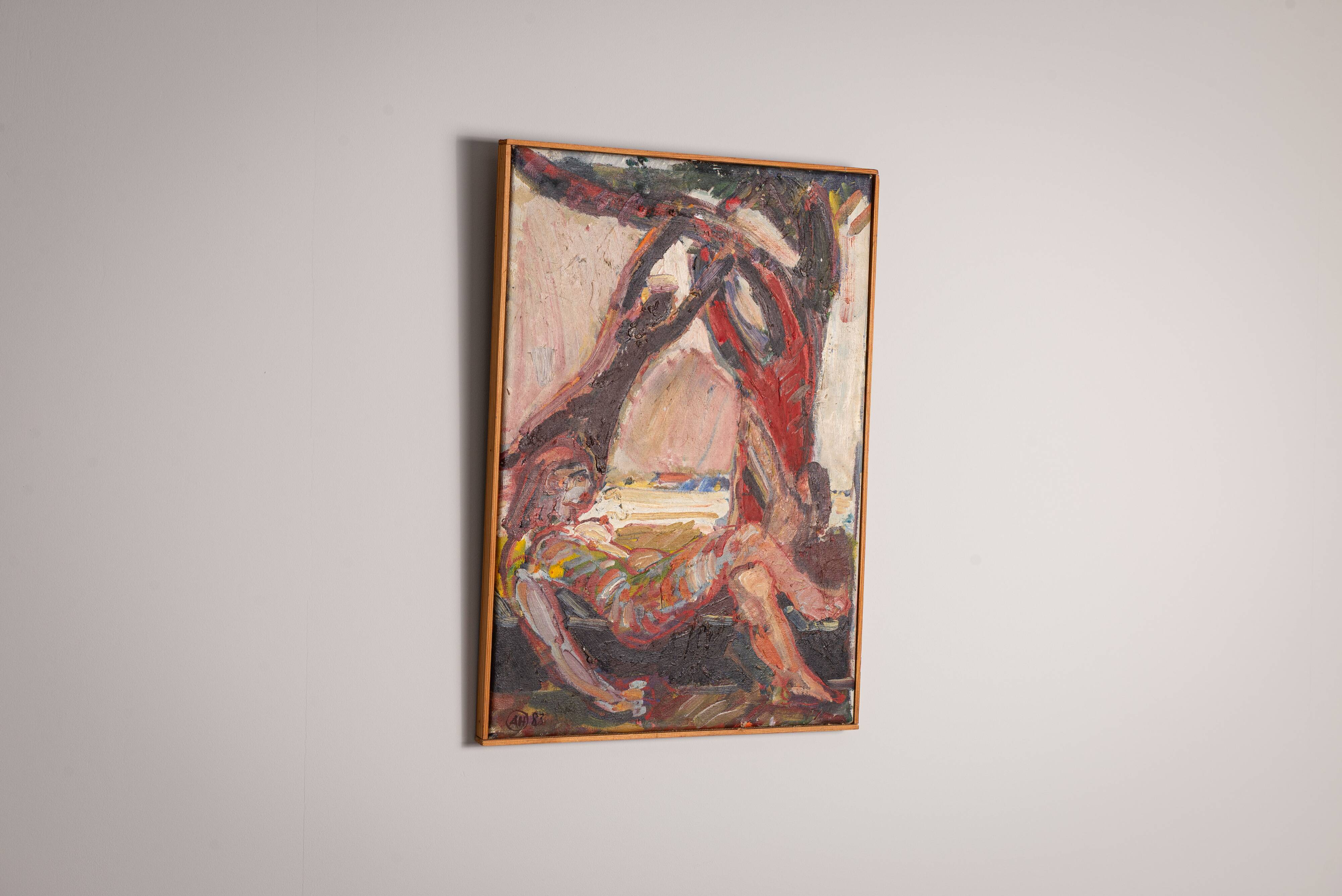 Peinture abstraite représentant des personnes se reposant près d'un arbre