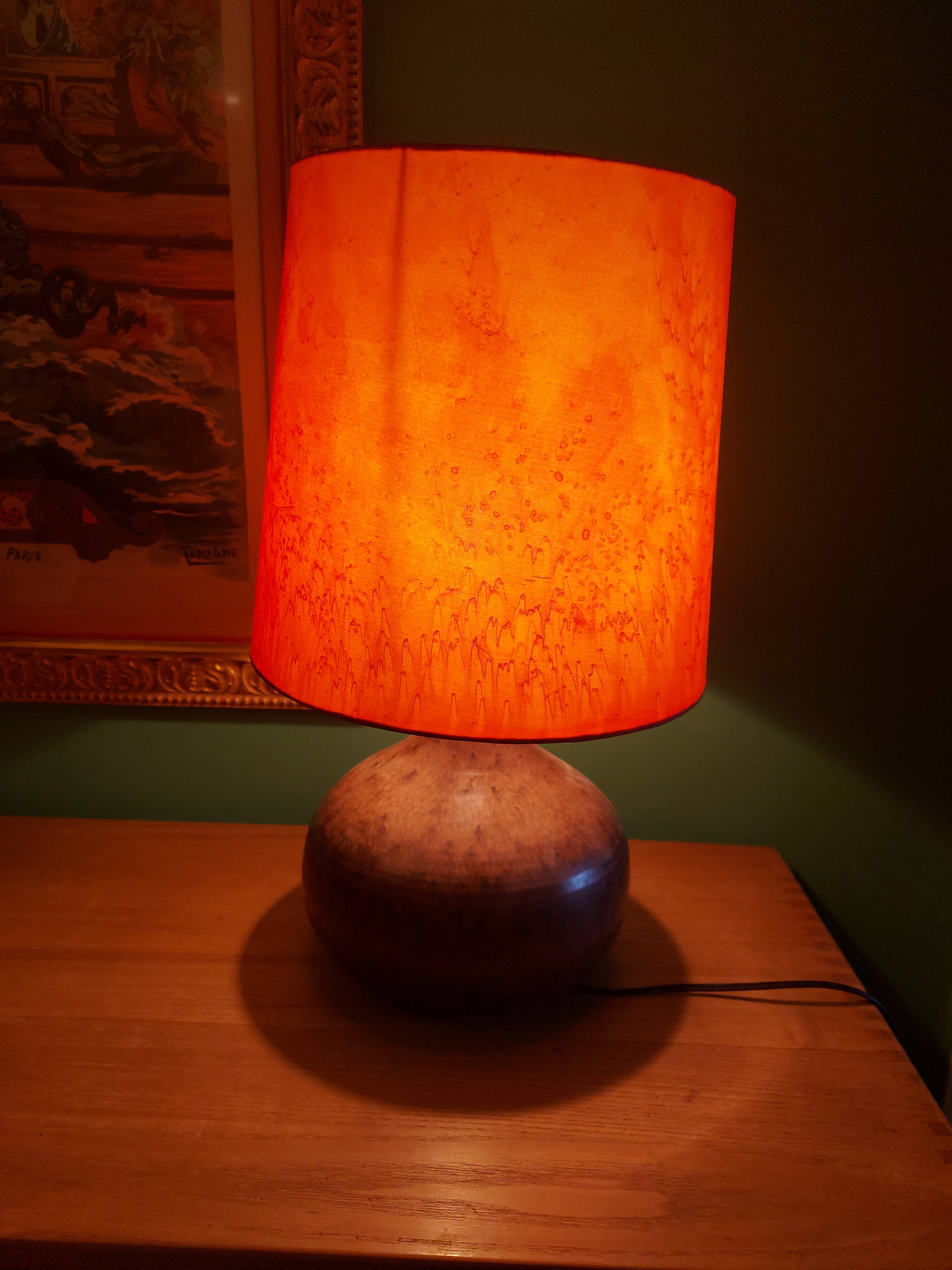 Ceramic (sandstone) lamp from the 50s, 60'S with silk lampshade