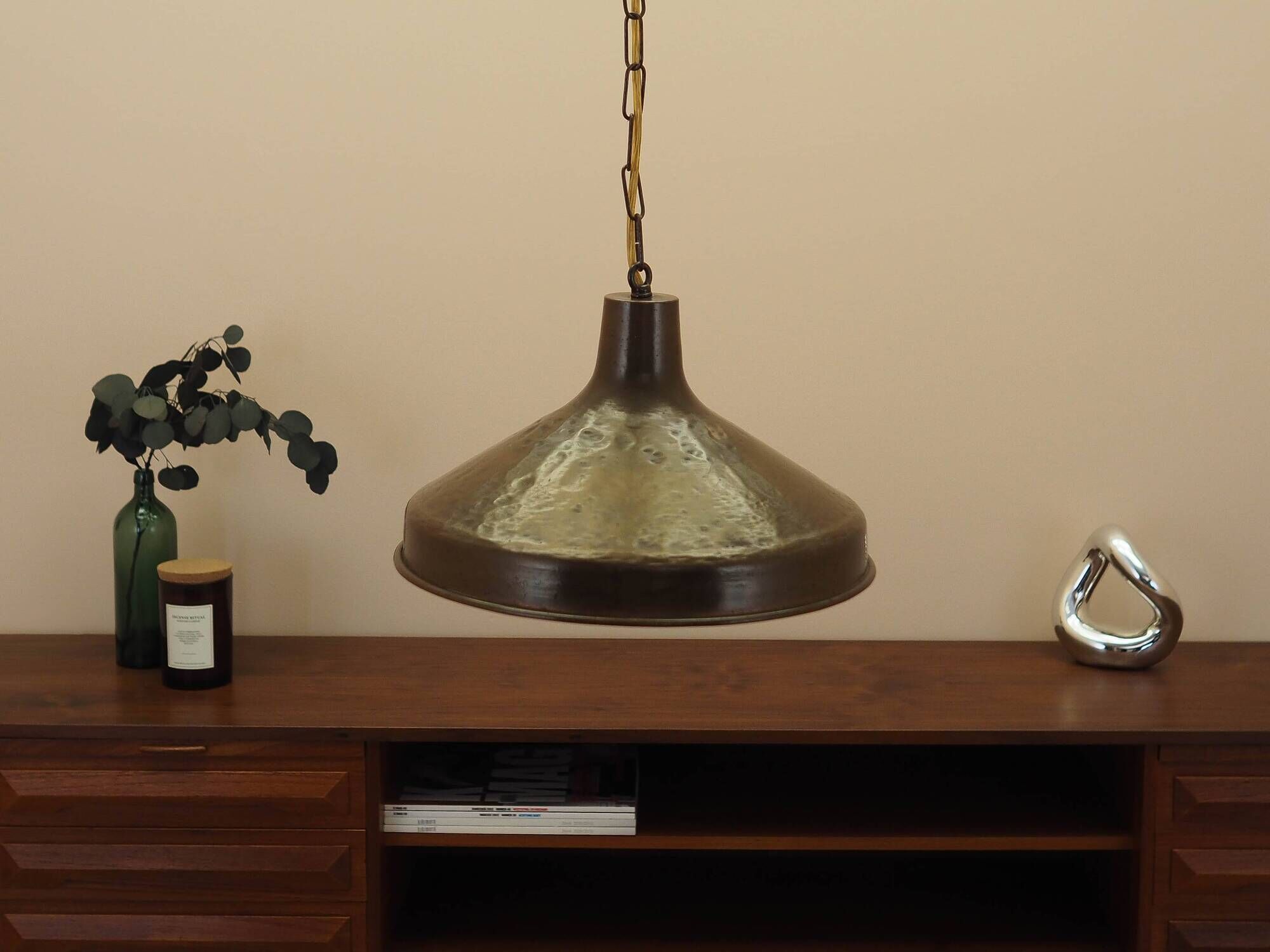 Danish Brass Pendant Lamp 1960s Mid-Century Modern Conical Shade