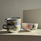 Large earthenware cup with pink trim and pink flower pattern H7 D15