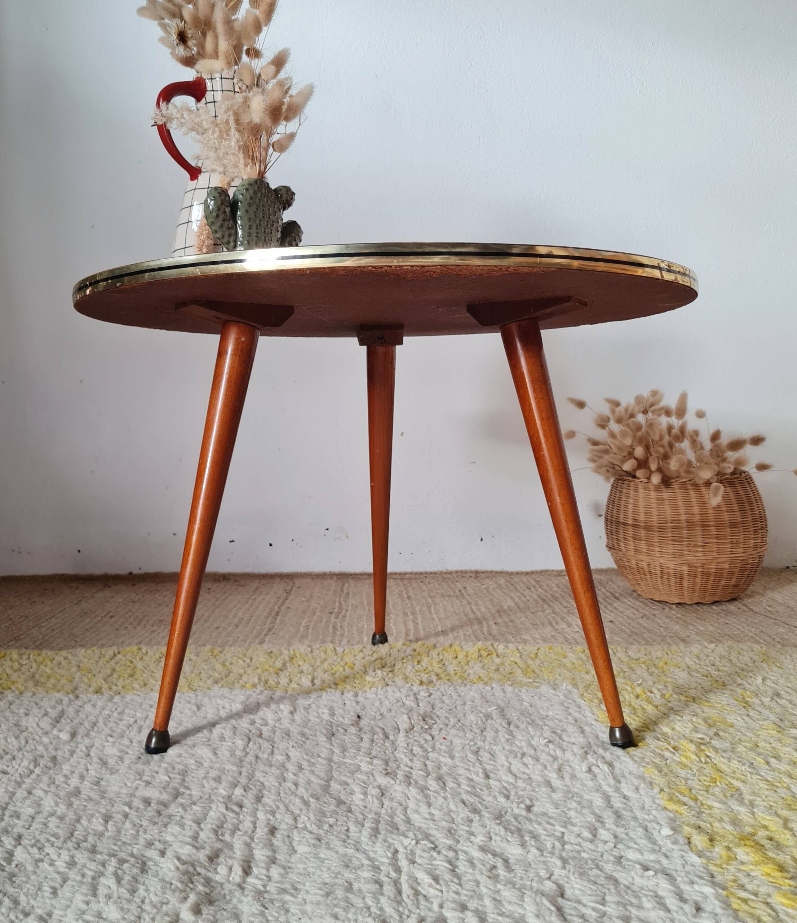 Vintage tripod side table, marquetry diamond-pattern top.