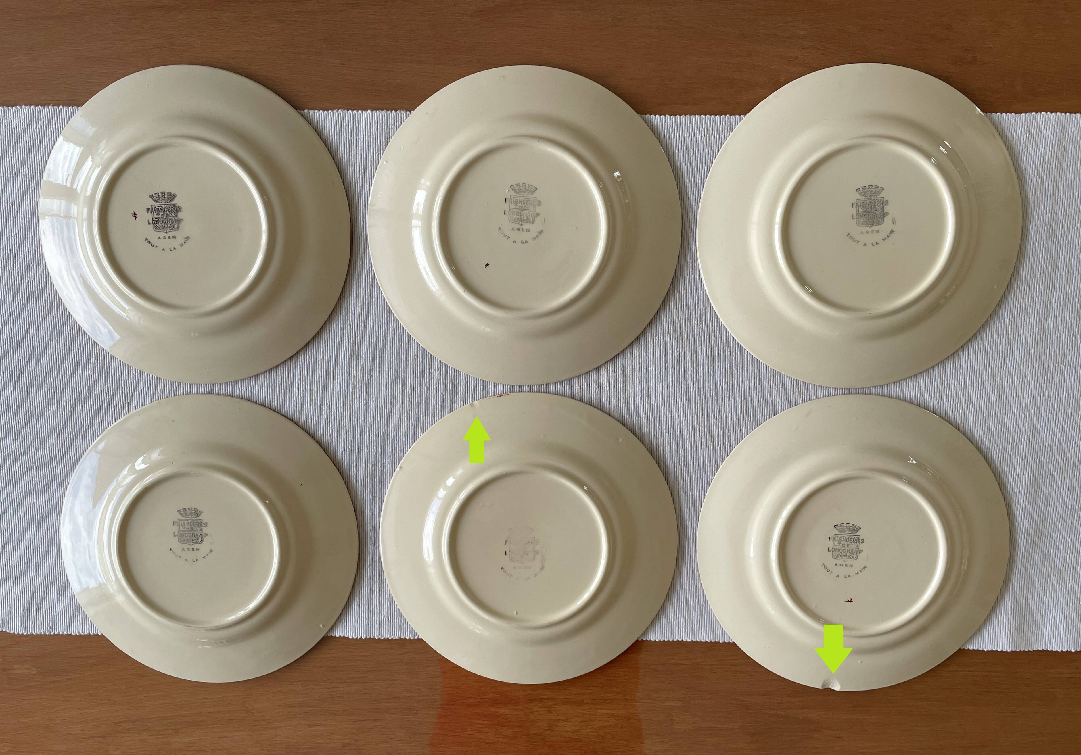 6 assiettes à dessert anciennes en faïence de Longchamp