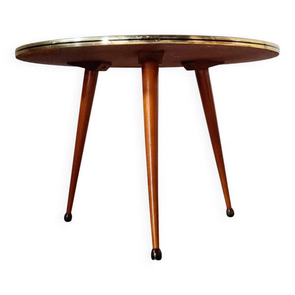 Table d'appoint vintage tripode, plateau marqueterie losanges
