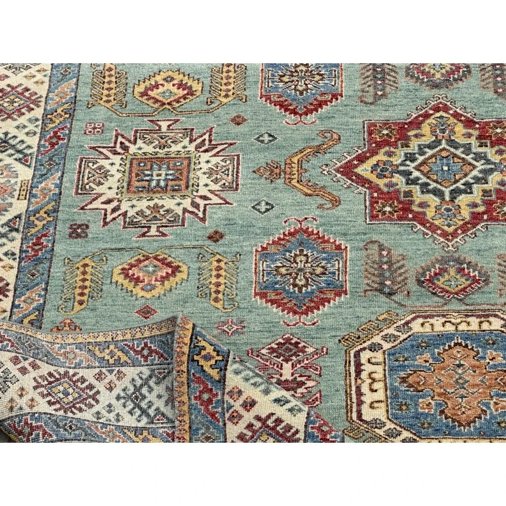 Contemporary Handmade Wool Area Rug, Turquoise Geometric Pattern Carpet for Living Room