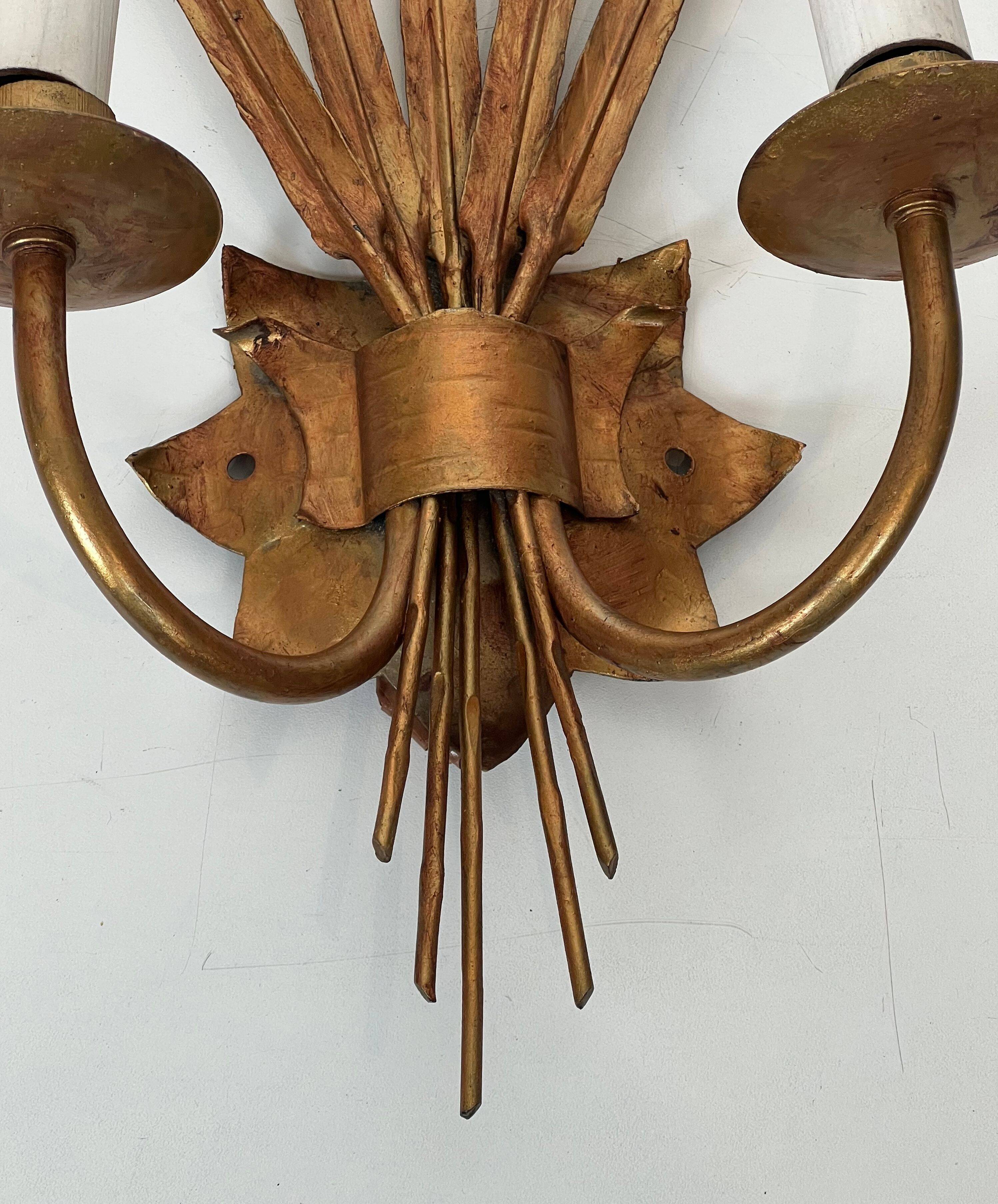 Pair of gold wall sconces with wheat ears in the style of Coco Chanel