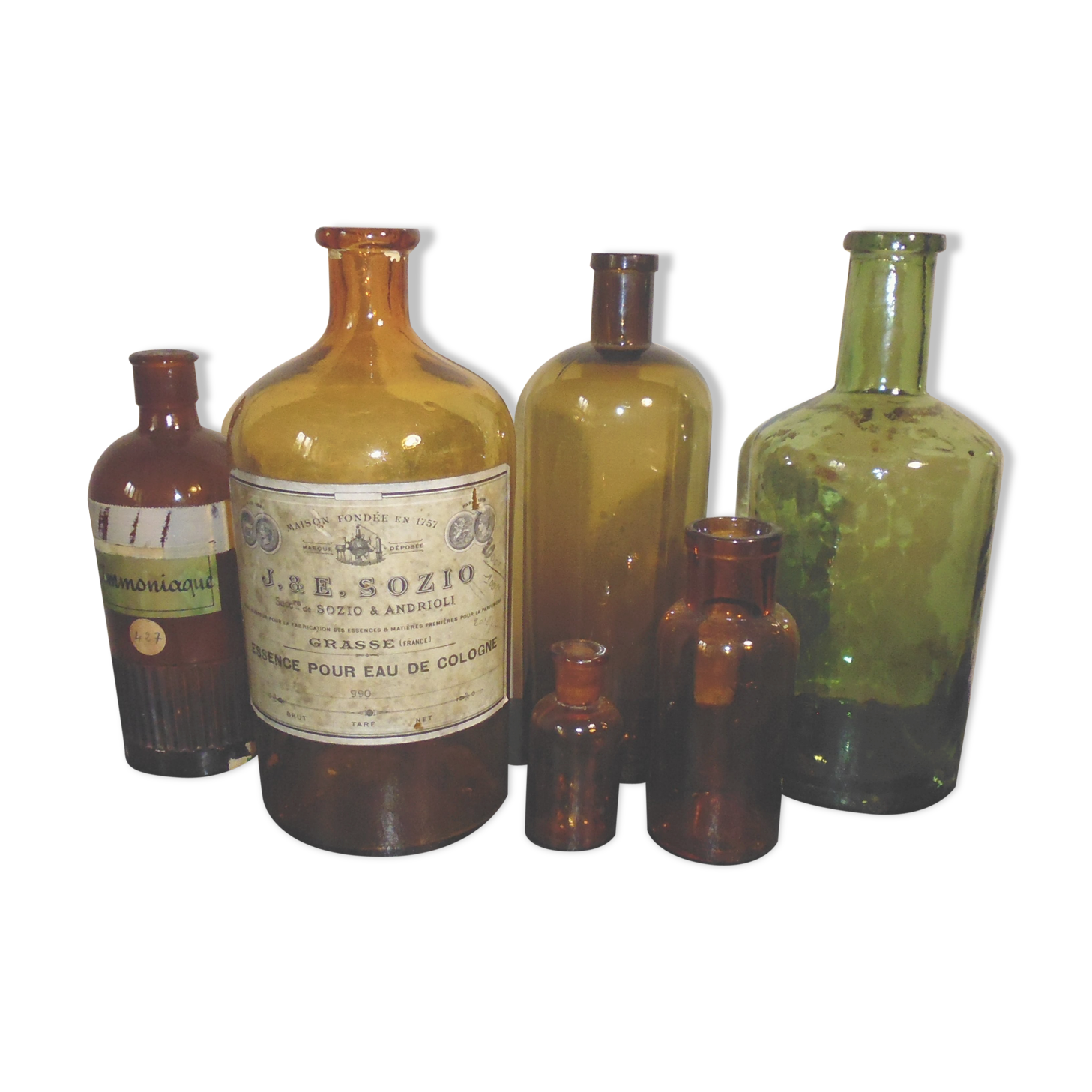 6 bottles of old amber and green pharmacy