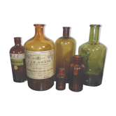6 bottles of old amber and green pharmacy