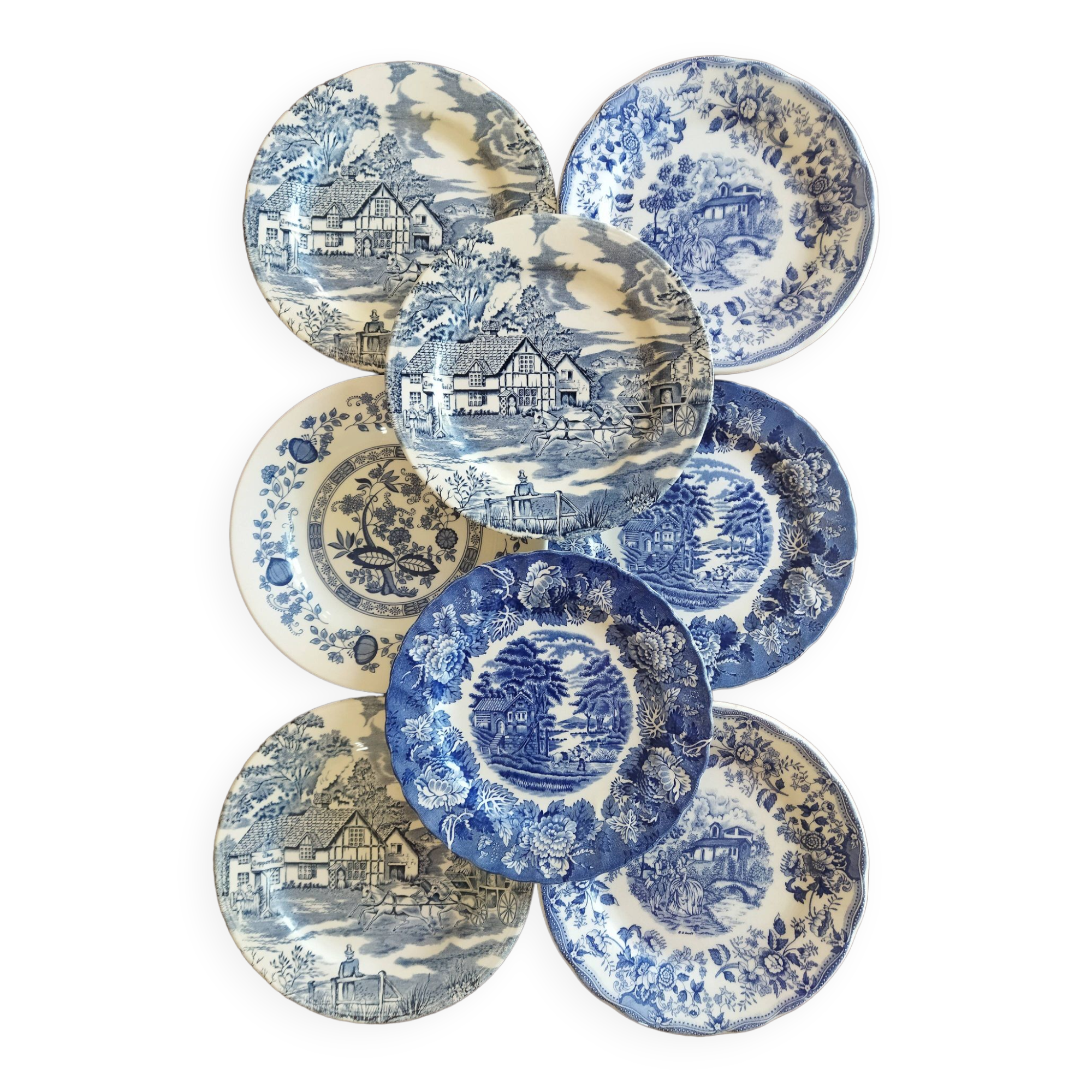 8 assiettes à dessert bleu & blanc Enoch Wood, Churchill & Lunéville