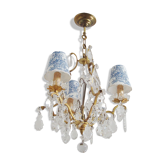 Vintage grapefruit chandelier with three lampshades in Toile de Jouy fabric