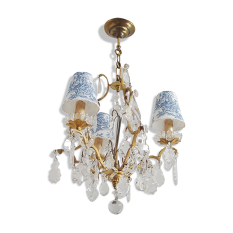 Lustre à pampilles vintage avec trois abat-jours en tissu toile de Jouy