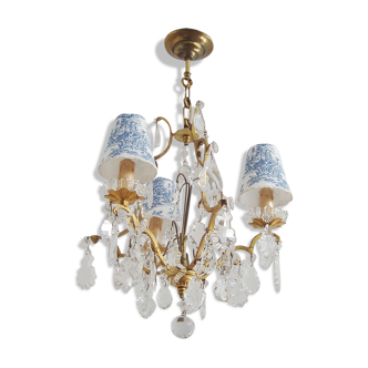 Vintage grapefruit chandelier with three lampshades in Toile de Jouy fabric