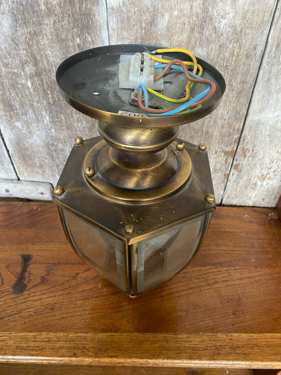 Antique brass lantern ceiling light + 6 faceted beveled glass vintage