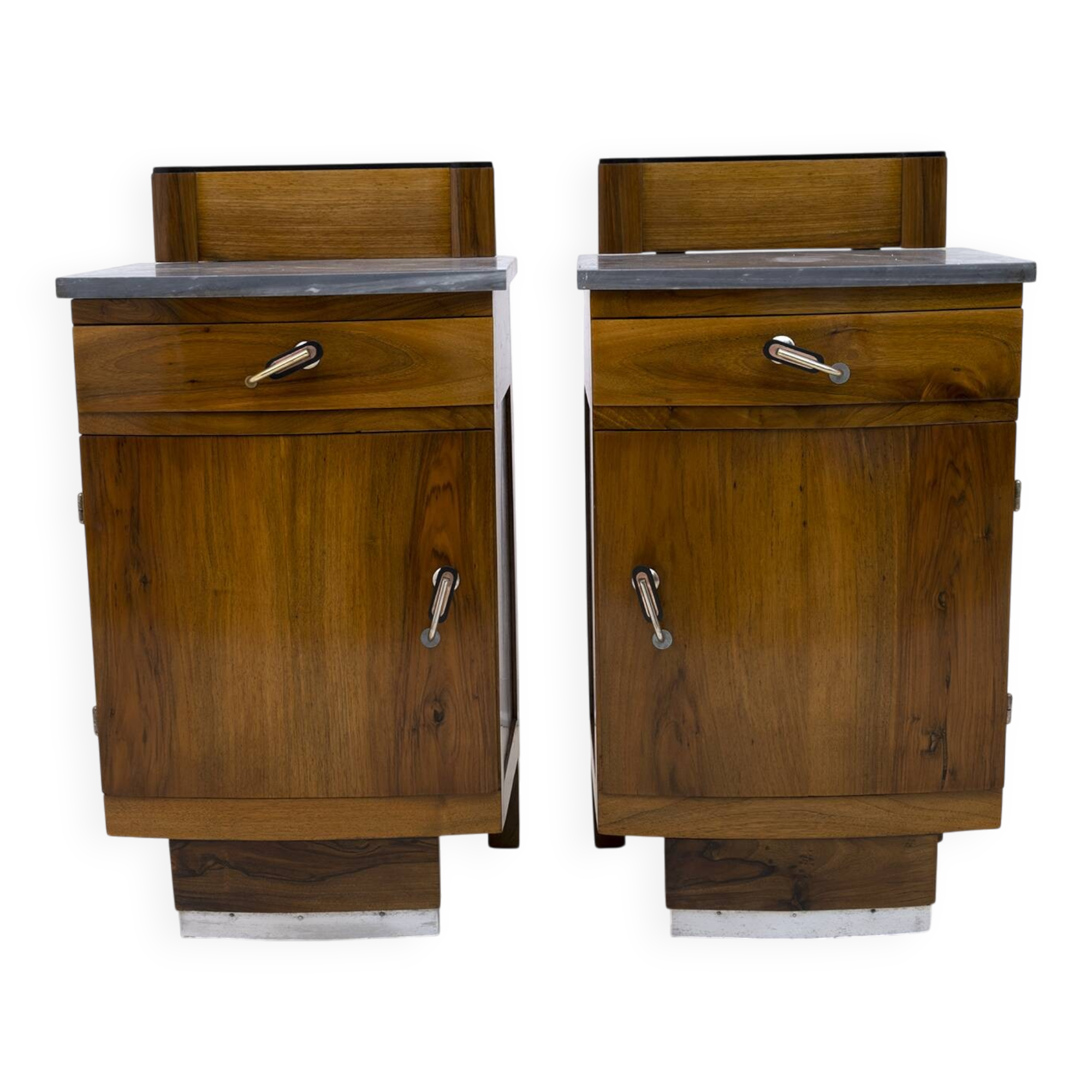 Pair of Art Dèco Italian Walnut and Grafite Gray Marble Bedside Tables,1920