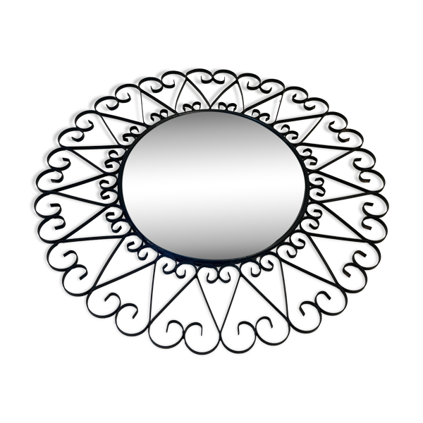 Miroir soleil rond oeil de sorcière convexe en fer forgé Chaty Vallauris ferronnerie 1960