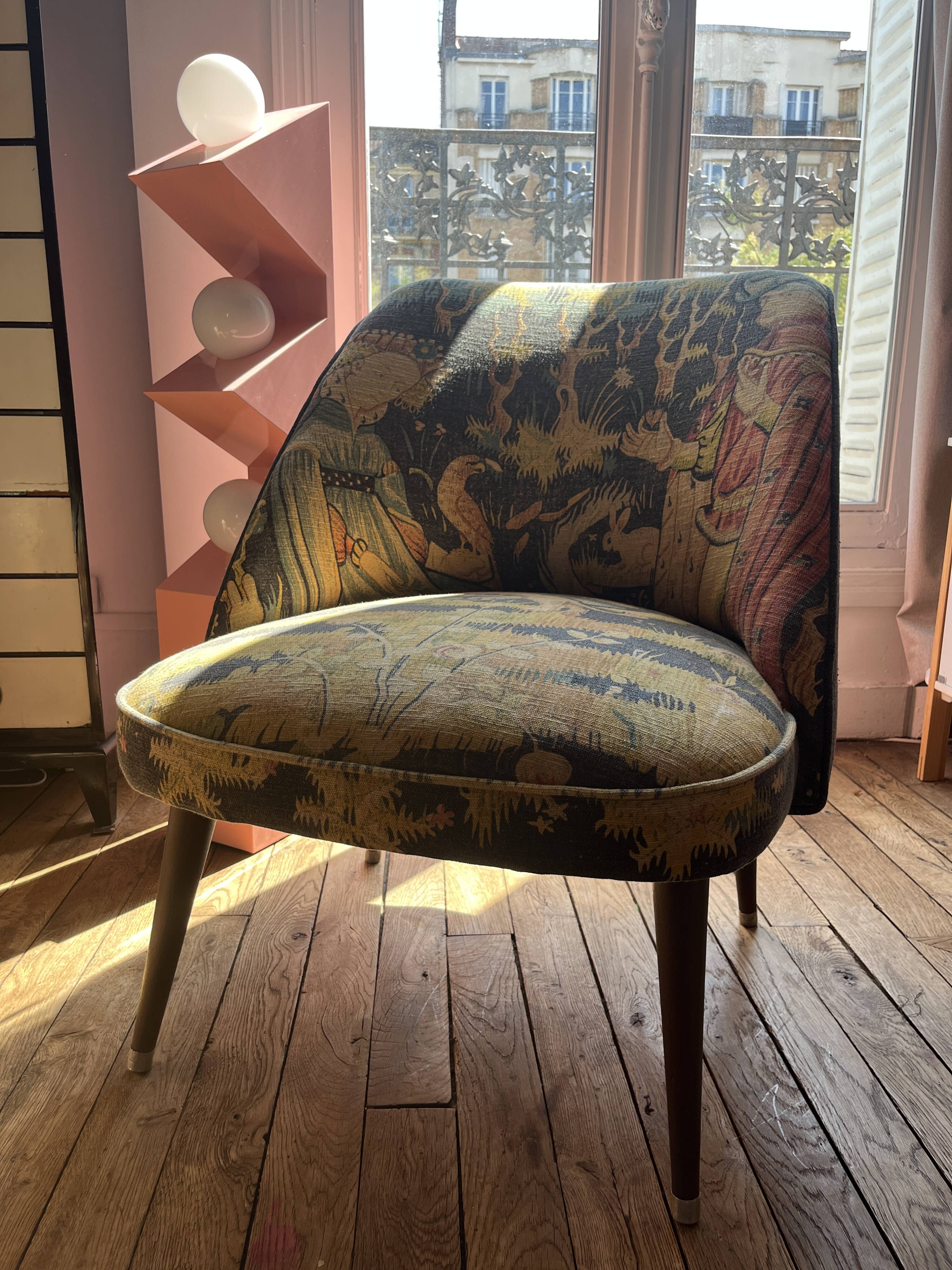 J. Tenreiro, Brazil. Concha armchair with tapered legs, Cluny tapestry 1400.