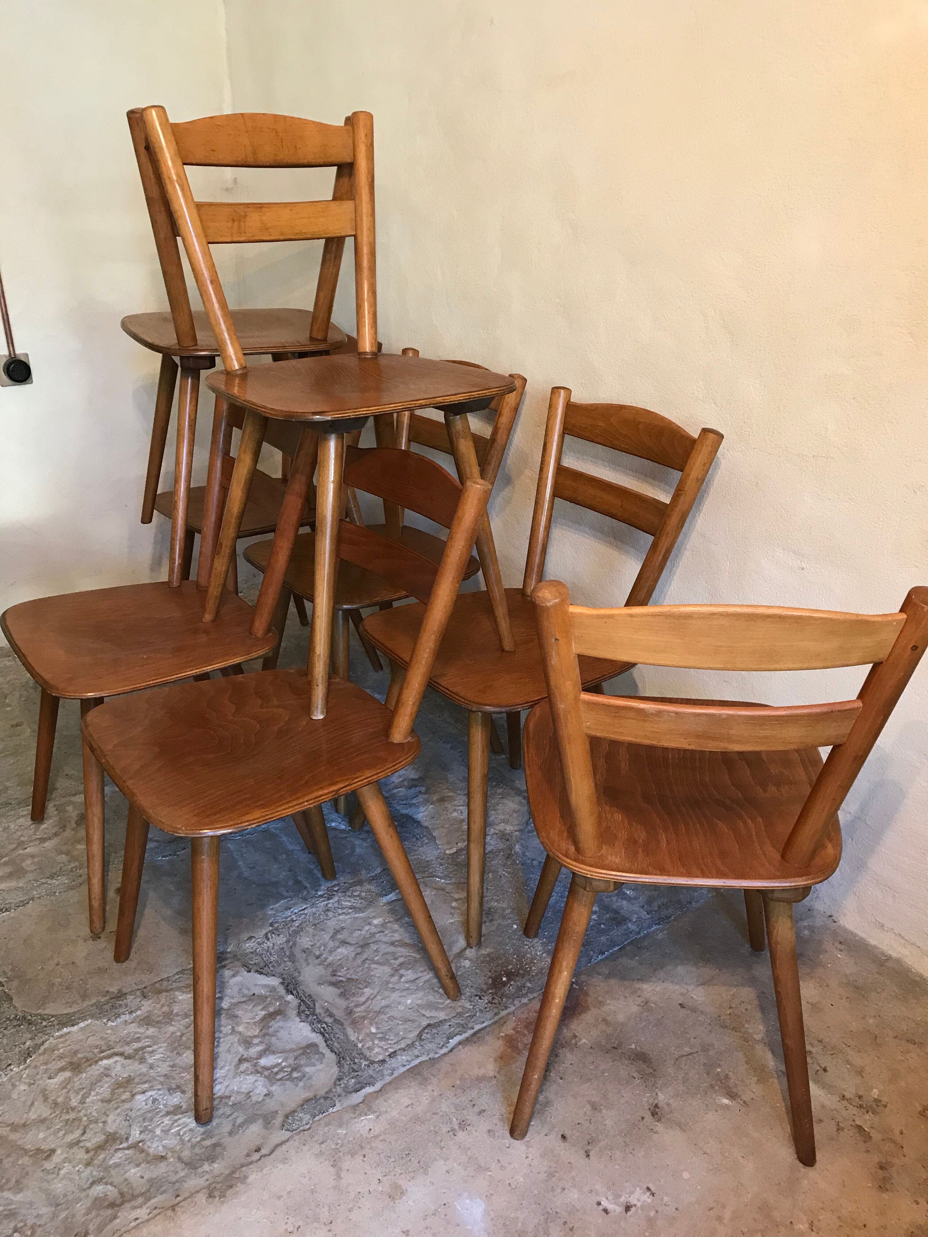 Set of 8 vintage beech chairs compass feet 1960's