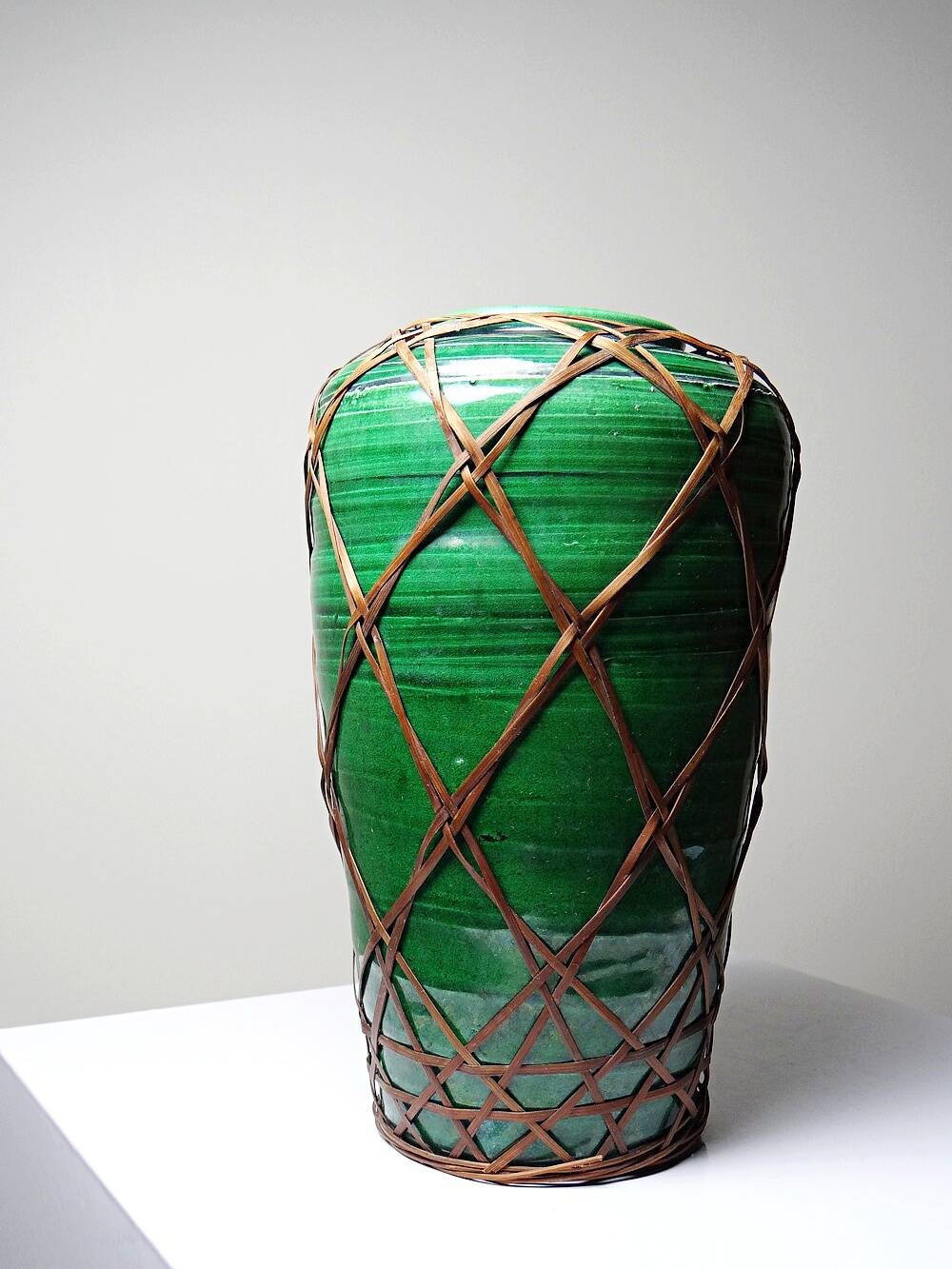 Japanese vase, green ceramic with bamboo lacing, Awaji Yaki, antique 1900-1930.