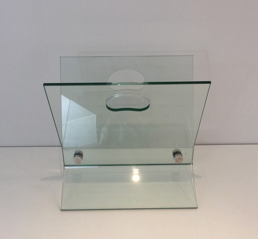 Designer magazine rack in glass and brushed steel