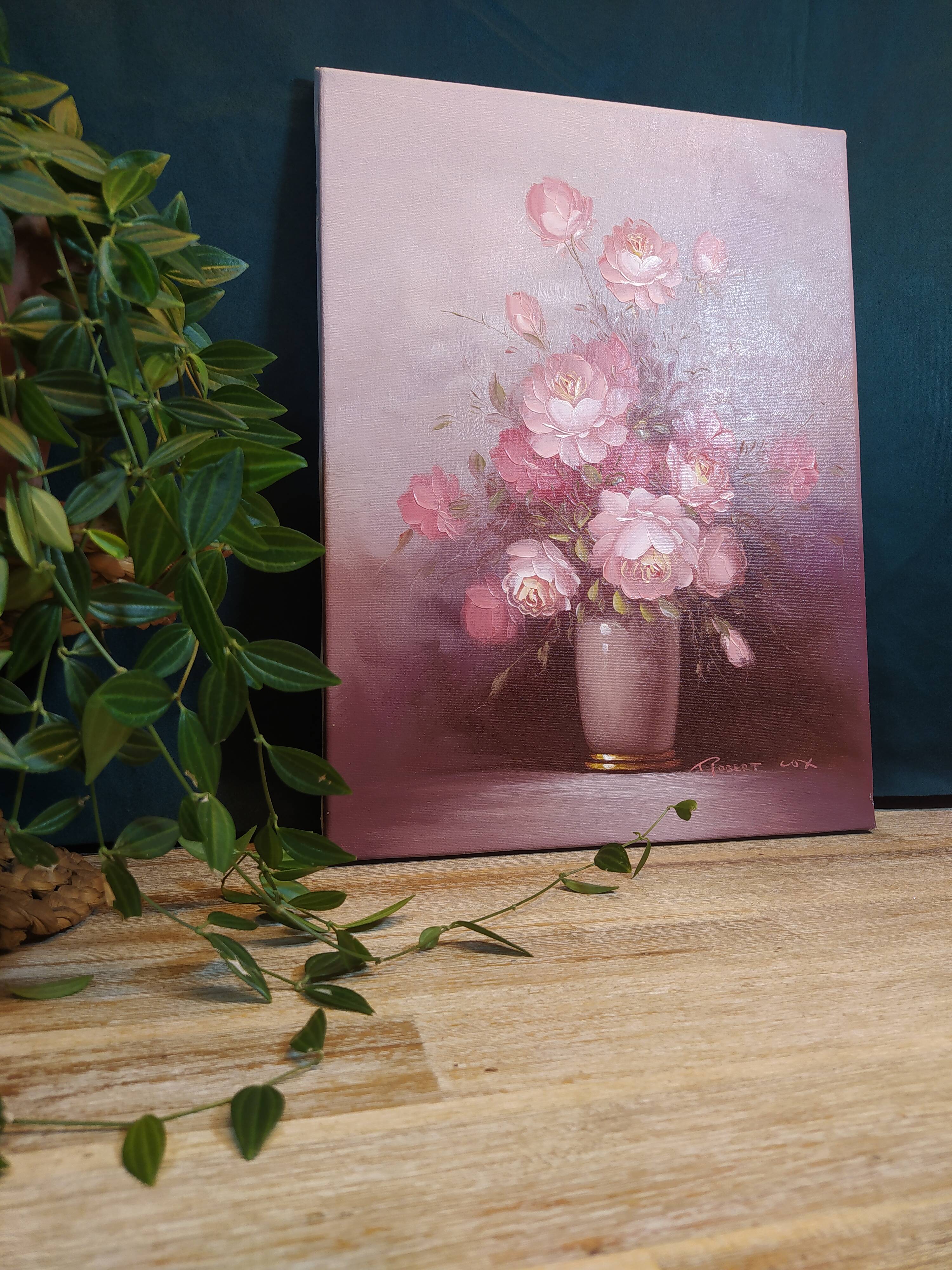 Still life painting bouquet of pink flowers signed Robert Cox