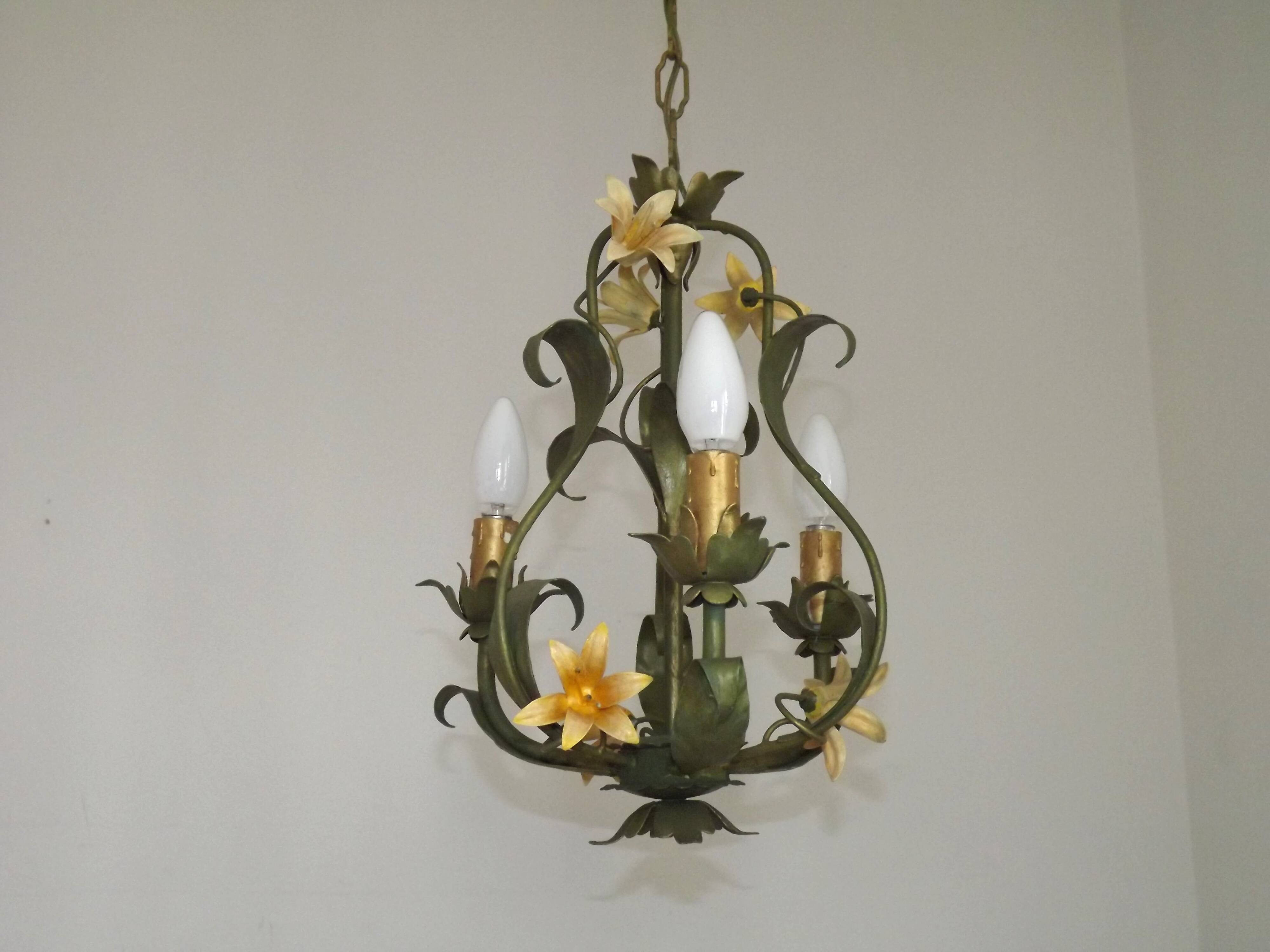 French Vintage 3 Light Cage Chandelier Hand Painted Floral Design