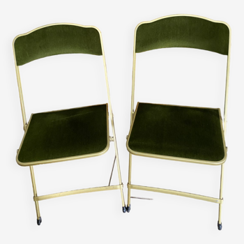 Paire de chaises pliantes velours vert vintage