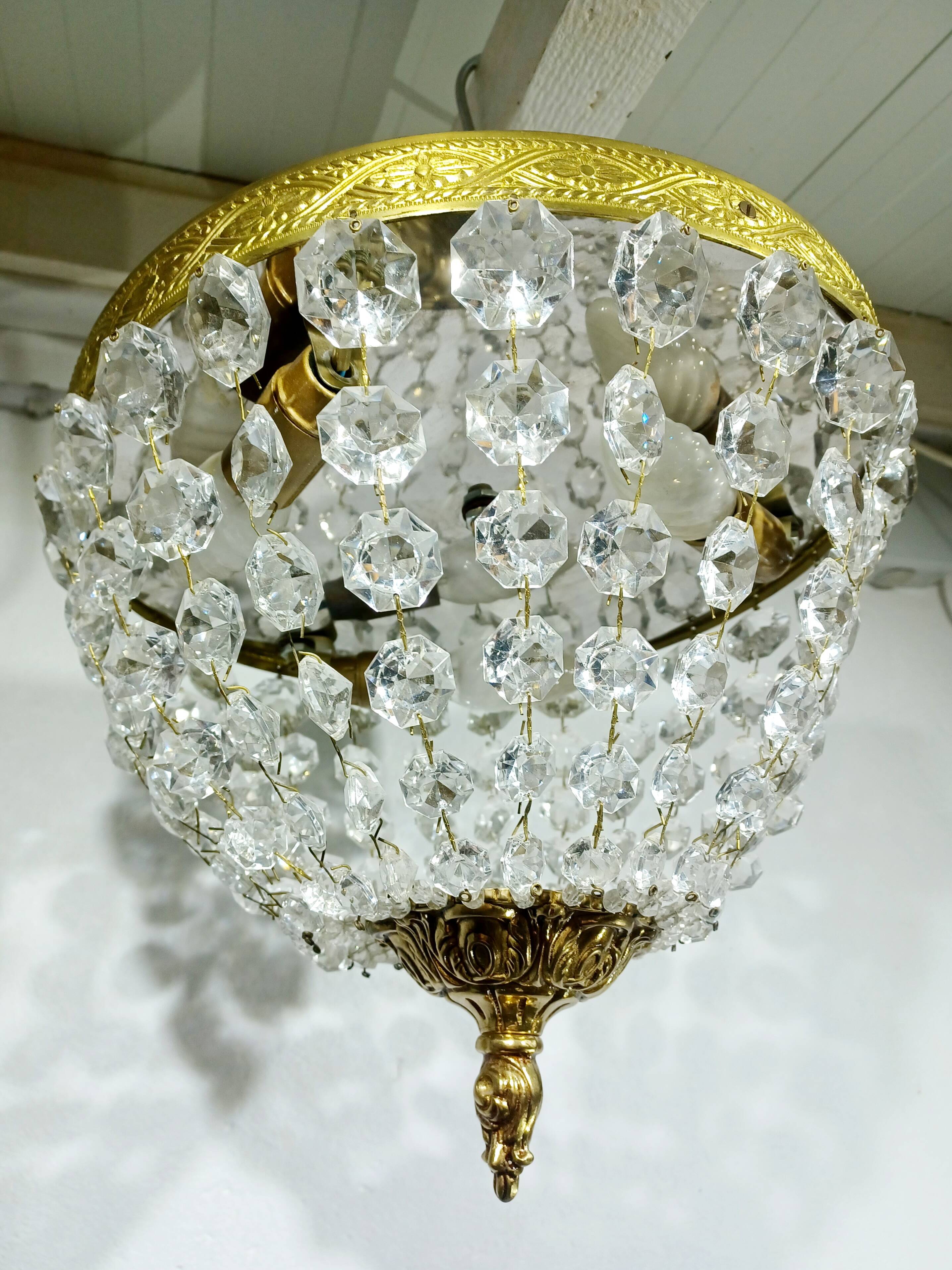 Plafonnier 3 lumières bronze et cristal