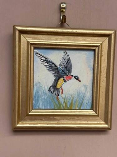 Mid-Century Oil on Panel – “Birds” by Unknown, Vintage & Framed 11 × 11 cm