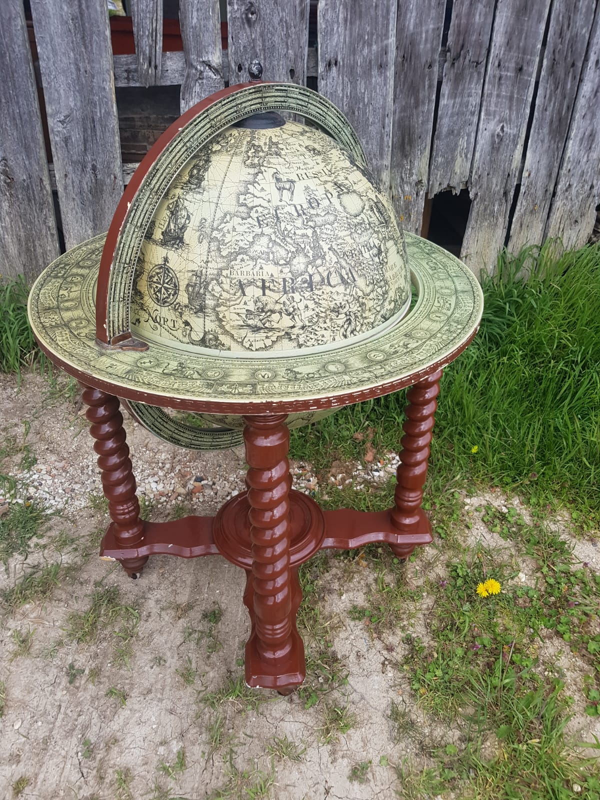 Former Bar Mappemonde Structure Wood Torsadé - Globe Metal Turning Vintage