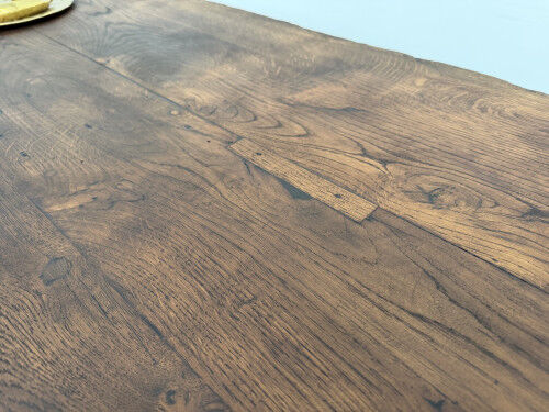 Brutalist farmhouse table in solid oak, 270 cm, 1920s.