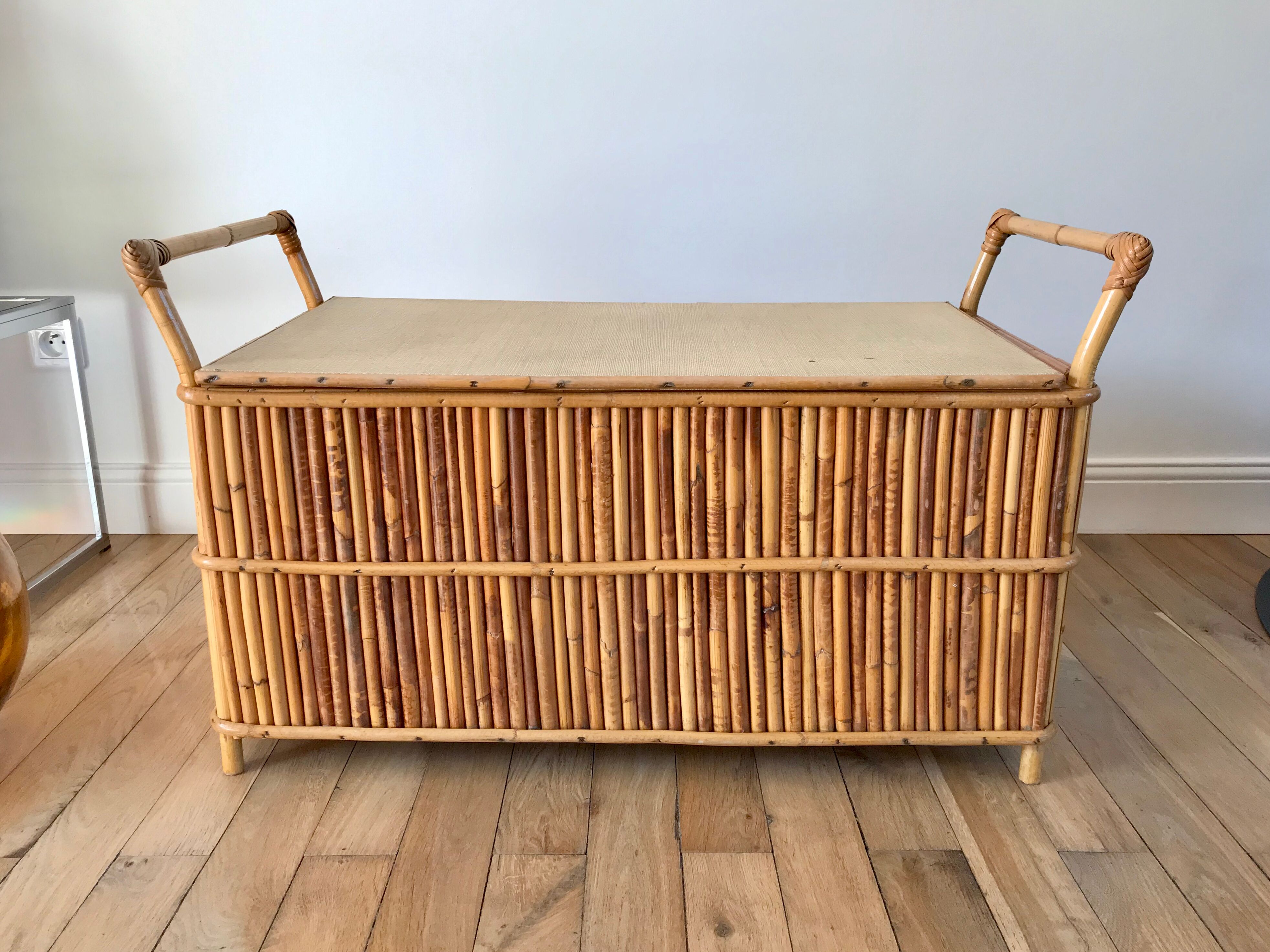 Bench-chest in rattan and bamboo 60s