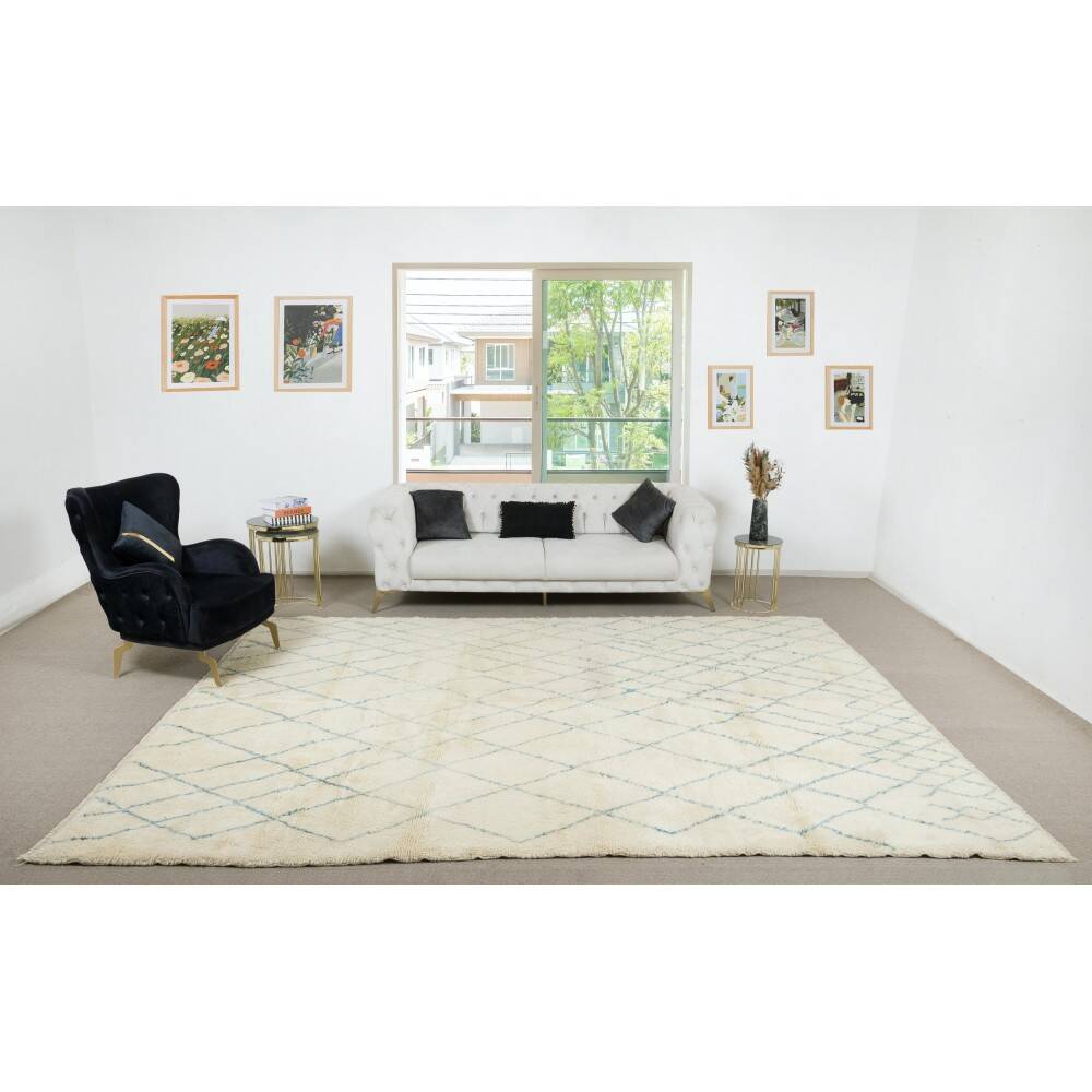 Moroccan Tulu Rug in Beige and Teal Blue Colors, 100% Wool, Beni Ourain Carpet